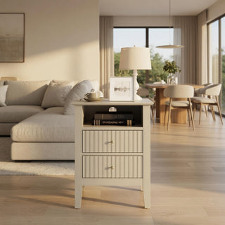 18' Beige Fluted Nightstand with 2 Drawers - Modern Bedroom Sofa Side Table in Matte Beige Engineered Wood with Gold Knobs