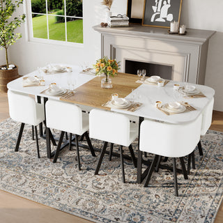 9-Piece Square Dining Table Set, Fixed White Faux Marble & Wood Grain Triamine Tabletop with 8 White PU Leather Chairs, Modern Kitchen Table Set for 8 People, Ideal for Family Gatherings, Dining Room