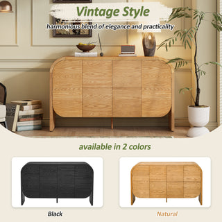 TREXM Buffet Cabinet with Storage, Wood Sideboard with Curvy Edge, 4 Doors Retro Credenza with Adjustable Shelves for Living Room, Kitchen – Natural