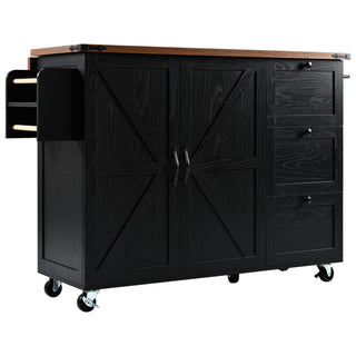 K&K 54.5" Farmhouse Kitchen Island with Power Outlet, Internal Storage Rack, Drop Leaf, Spice Rack, Rolling Cart on Wheels, for Kitchen, Dining Room, Black