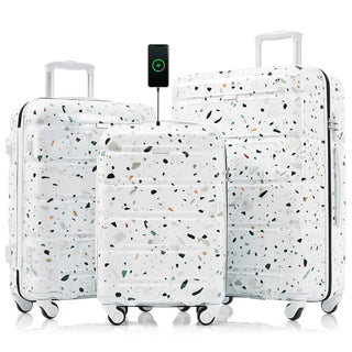 3-Piece Luggage Set | Starry Sky White Hardside Suitcases with USB Port & TSA Lock (20"/24"/28")