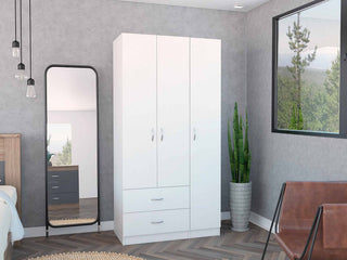 Austral 3 Door White Armoire Wardrobe with Drawers, Shelves, and Hanging Rod