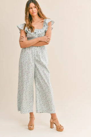 MABLE Floral Print Ruffled Cap Sleeve Jumpsuit