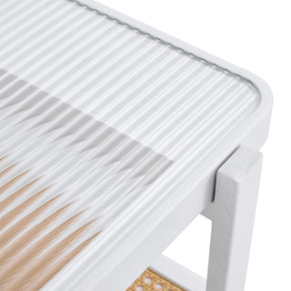 Modern Minimalist White Double-Layered Solid Wood Coffee Table with Glass Top and Imitation Rattan Edge, Rectangular Table for Living Room, Dining Room, and Bedroom