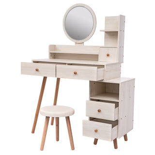 CRAZY ELF Stylish Vanity Table with Cushioned Stool - Touch Control LED Mirror, 5 Drawers, Adjustable Length (L31.5"-43.2" x W15.8" x H48.1") - Large Capacity Storage Makeup Furniture