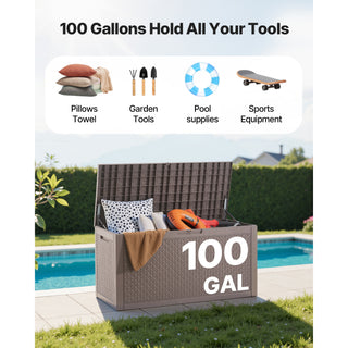 Outdoor Storage Box 100 Gallon | Waterproof Resin Deck Box for Patio Cushions, Pool Supplies, Garden Tools & Package Delivery – Grey
