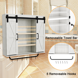 Rustic Wood Wall Storage Cabinet with Two Sliding Barn Doors, 3-Tier Farmhouse Vintage Cabinet for Kitchen, Dining, Bathroom, Living Room – Vintage Gray