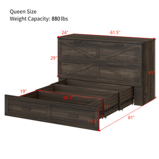 Rustic Gray Queen Murphy Cabinet Bed - Farmhouse Guest Bed with Charging Station