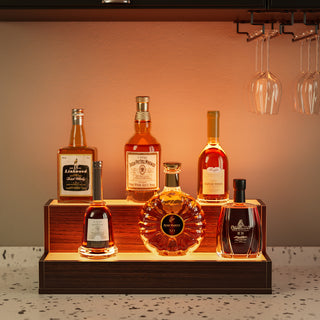 20" Walnut LED Liquor Bottle Display Shelf (2 Step) | App & Remote Control Illuminated Bar Stand