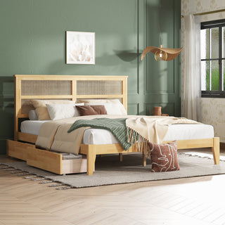 King Size Bed with Rattan Headboard, Two Storage Drawers, Rubber Wood Bed with Enhanced Support Salts and Feet,White Oak