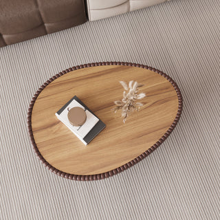 Goose Egg-Shaped Leather Coffee Table with Sintered Stone Top – Modern Sofa Table in Coffee Color with Unique Patterned Tabletop
