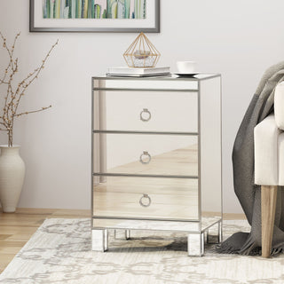 Mirrored Nightstand with 3 Drawers, Silver Side End Table, Mirrored Furniture for Small Space, Bedroom and Living Room, 15.8 Inch x 13.8 Inch x 24 Inch