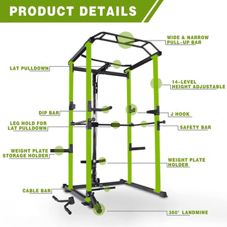 Multi-functional Power Cage, Home Adjustable Pullup Squat Rack 1000Lbs Capacity Comprehensive Fitness Barbell Rack with Gym Accessories