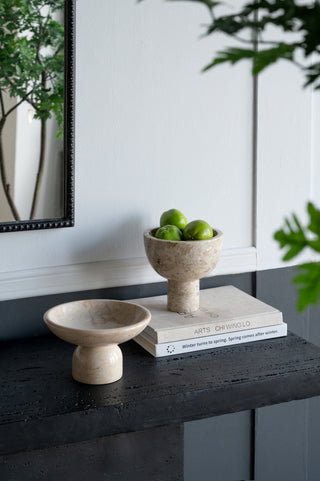 Cream Round REAL MARBLE Pedestal Bowl (6" Diameter) | Luxury Decorative Tabletop Centerpiece | Handcrafted Natural Stone Accent Dish for Home, Kitchen, & Bathroom