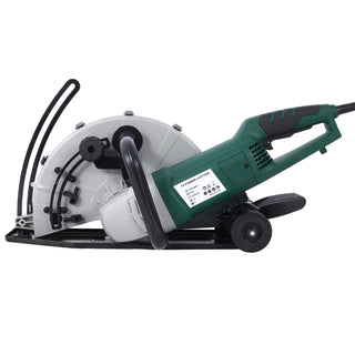 Portable Electric Corded Circular Concrete Saw 14' Wet/Dry Cutter 2600W Green Steel with Water Line & Guide Roller