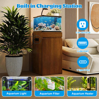 10-15 Gallon Fish Tank Stand with Storage Cabinet, Aquarium Stand with Power Outlets, 330LBS Capacity, Small Terrarium Stand Cabinet with Adjustable Shelves, Stand for 16.9' L x 16.9' W Cube Tanks