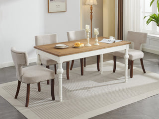 Mid Century Modern Dining Chairs Set of 2, Farmhouse Linen Fabric Upholstered Accent Chair Curved Backrest with Copper Nails around,Kitchen Chairs with Hardwood Frame, Beige