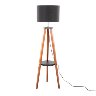 Compass Mid-Century Modern Floor Lamp with Shelf in Walnut Wood, Black Metal and Black Linen by LumiSource