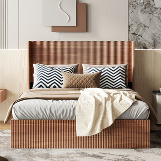 (Queen size) bed frame with a grooved and undulating lifting storage function, featuring a lifting storage feature, safe and beautiful / without noise, a wooden slat platform bed frame in a natural