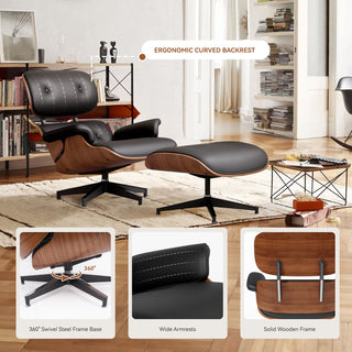 A&A Furniture Executive Series: 100% Top-Grain Genuine Leather Recliner with Companion Ottoman – 360° Rotational Chassis, High-Tensile Steel Heavy-Duty Base, Ergonomic Lumbar Support Module (Black Edition)