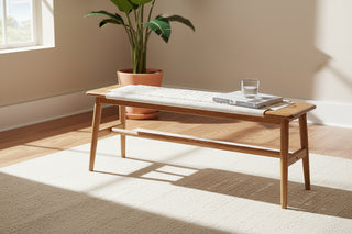 Design Natural Oak Wood Dining Bench Bed Bench with Handwoven Cane Seat in White