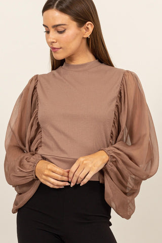 Hyfve Ruched Sheer Long Sleeve Mock Neck Blouse