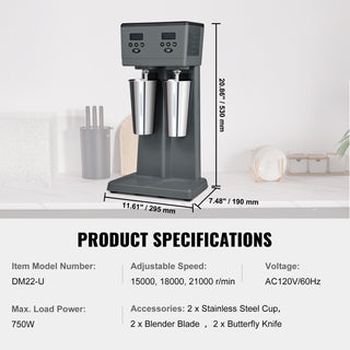 Commercial Milkshake Maker 375W × 2 | Double Head Electric Milkshake Machine with 2 × 820ml Stainless Steel Cups | 3-Speed Drink Mixer Blender with LED Microswitch
