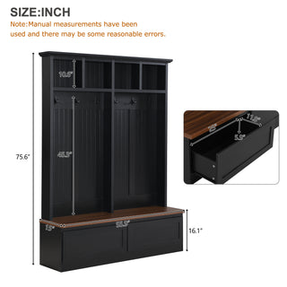 ON-TREND Farmhouse  4-in-1 Hall Tree with Wood Grain Bench, Mudroom Versatile Coat Rack with 2 Large Drawers, Large Entrance Organizer with 6 Black Hooks for Hallway, Living Room, Black, 55.9"Wx75.6"H