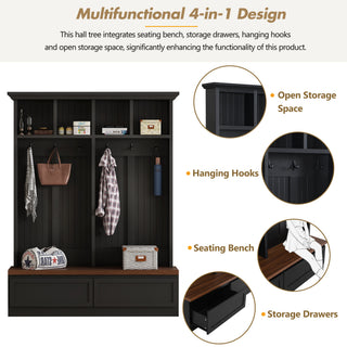 ON-TREND Farmhouse  4-in-1 Hall Tree with Wood Grain Bench, Mudroom Versatile Coat Rack with 2 Large Drawers, Large Entrance Organizer with 6 Black Hooks for Hallway, Living Room, Black, 55.9"Wx75.6"H