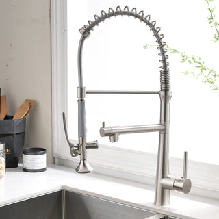 Heavy-Duty Commercial Kitchen Faucet | High-Arc Pre-Rinse Spring Sprayer in Brushed Nickel