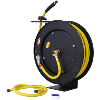 Air Hose Reel Retractable 3/8' Inch x 50' Foot SBR Rubber Hose Max 300PSI Heavy Duty Industrial Steel Single Arm Construction
