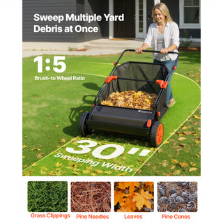 Push Lawn Sweeper, 30 in Leaf & Grass Collector with 12 cu. ft. Hopper Bag, Adjustable Brush Height & Spinning Brushes, Heavy Duty Yard Sweeper with Rubber Wheels for Leaves Grass Cleanup