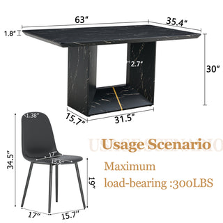 5-Piece Dining Table Set – 63"x35.4" Black Marble Pattern Table with 4 Mid-Century Modern Upholstered Black PU Chairs