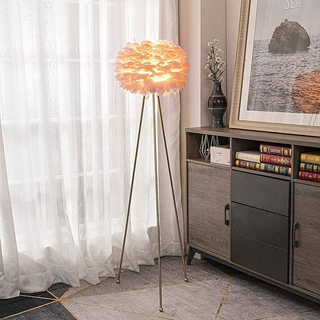 Modern Art Feather Floor Lamp, 60 Inches Tall Metal Standing Lamp With Pink Feather Lampshade For Living Room, Bedroom, Office, Study, Hotel Decoration