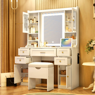 41.4" White Makeup Vanity Desk with Mirror & Lights | Dressing Table with Storage Stool & Charging Station