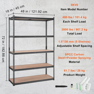 5-Tier Adjustable Heavy Duty Storage Shelving Unit, 2000 lbs Capacity Metal Garage & Utility Rack, Black, 18"D x 48"W x 72"H for Home & Commercial Use