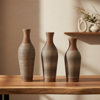 Decorative PVC Floor Vase Set (3 Pcs) | Classic Brown Tall Independent Flower Stand | Neat Desktop & Home Decoration Accent | For Artificial Vines