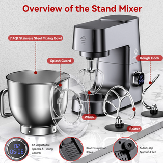 LINKChef 7.4 QT Stand Mixer, 800W 12-Speed Tilt-Head Food Mixer, Kitchen Electric Mixer with Dough Hook, Wire Whip & Beater