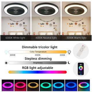 19-inch Black Ceiling Fan Light with LED RGB – Dimmable & Color-Changing, APP & Remote Control, Modern Smart Ceiling Fan for Living Room, Bedroom, and Dining Room (Silent/6-Speed/Reversible/DC Motor)