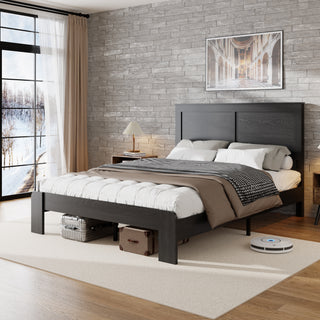 Queen Size Wood Platform Bed Frame, Industrial Style, Antique Black