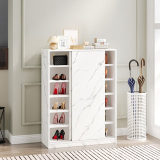 Marble White Shoe Cabinet w/ SLIDING Door | Modern 6-Layer Entryway Organizer | High Capacity Storage for 30+ Pairs | Slim Hallway & Foyer Console Furniture