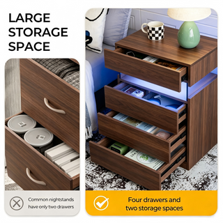 Walnut LED nightstand with 4 drawers, view 3