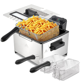 5L Electric Deep Fryer 1700W – Stainless Steel Fryer with Timer, Temp Control, 3 Baskets, Viewing Window & Odor Filter, Dishwasher Safe