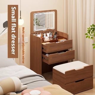 60cm 3-in-1 Vanity Desk with Flip-Top Mirror – Compact Makeup Vanity with Glass Desktop and 3 Drawers, Walnut Color