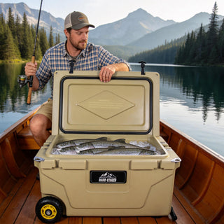 65 Quart Khaki Cooler, Ultra-Tough Hard Shell Ice Chest – Heavy-Duty Insulated Portable Cooler with 6-Day Ice Retention for Camping, Job Site, Tailgating, Beach & Fishing