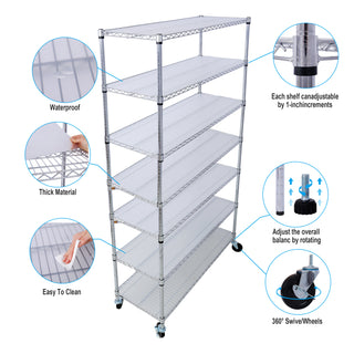 Chrome 7-Tier Metal Shelving Unit | 2450lbs Heavy-Duty Adjustable Storage Rack with Wheels & Liners