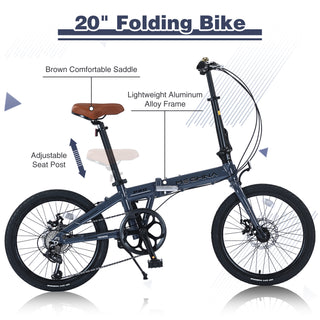 20' Folding City Bike, Lightweight Aluminum Frame, 7-Speed Folding Bike