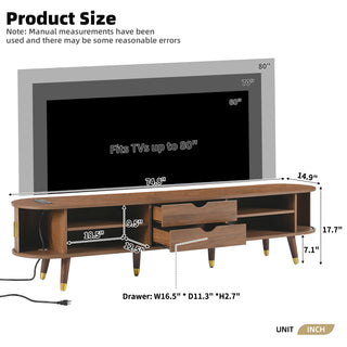 Wooden Oval Fluted TV Stand with Charging Station - 83.5" Walnut Mid-Century Media Consol