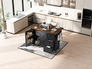 K&K 54.5" Farmhouse Kitchen Island with Power Outlet, Internal Storage Rack, Drop Leaf, Spice Rack, Rolling Cart on Wheels, for Kitchen, Dining Room, Black