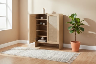 31.5" Rattan Shoe Cabinet with 6-Tier Adjustable Shelves - Oak Wood Entryway Storage
